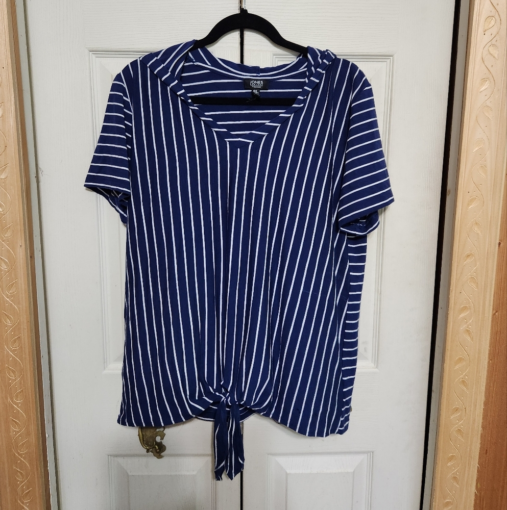 Jones New York Blue and White Tie Front Sailor Collar T-Shirt - Picture 1 of 7